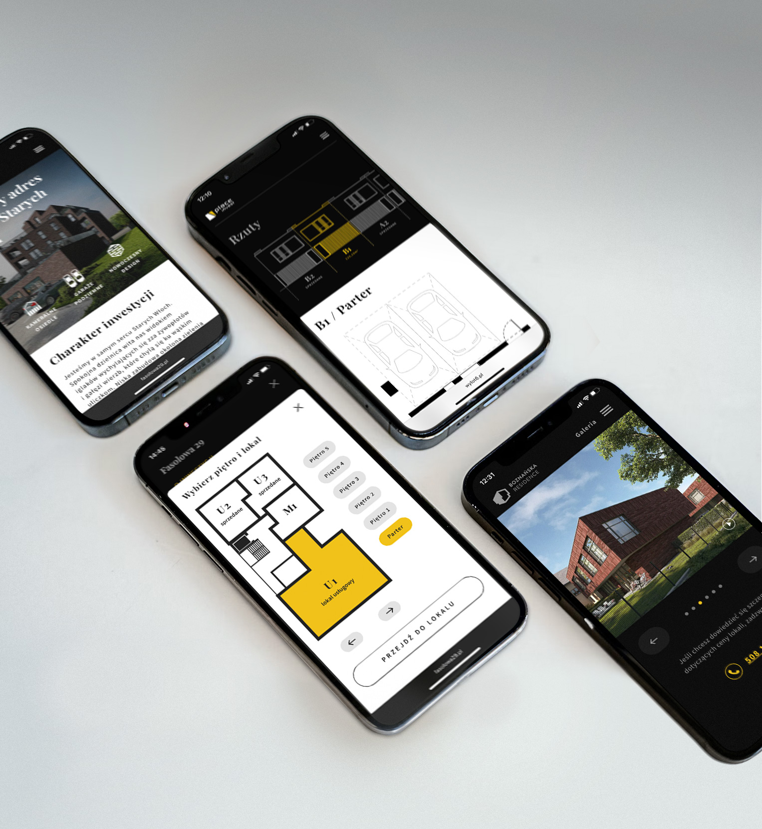 4 telefony z projektami dla PLace Invest ułożone w mozaikę