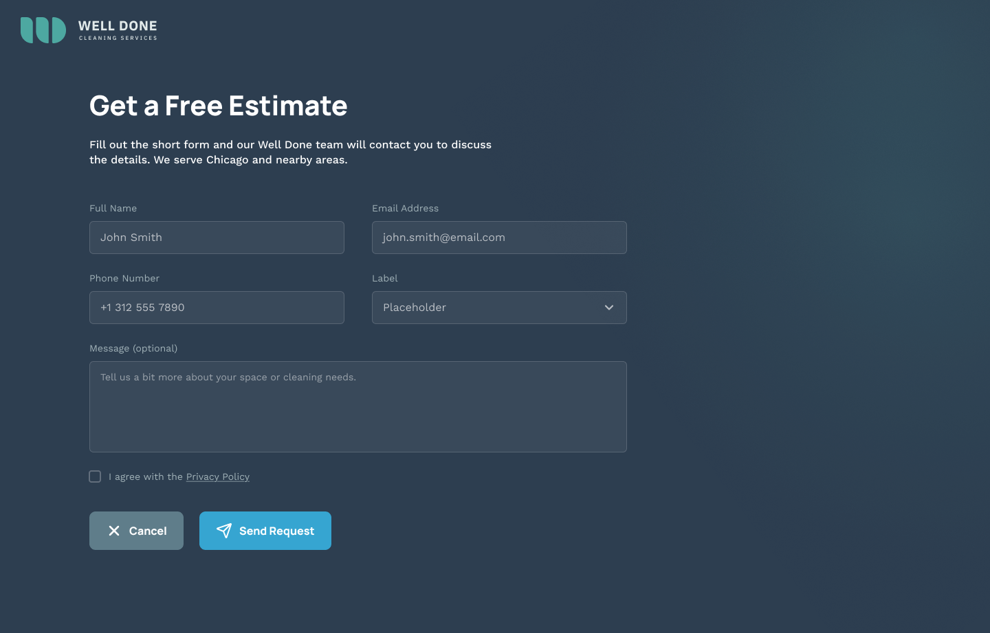 Podgląd formularza kontaktowego Well Done w widoku desktopowym